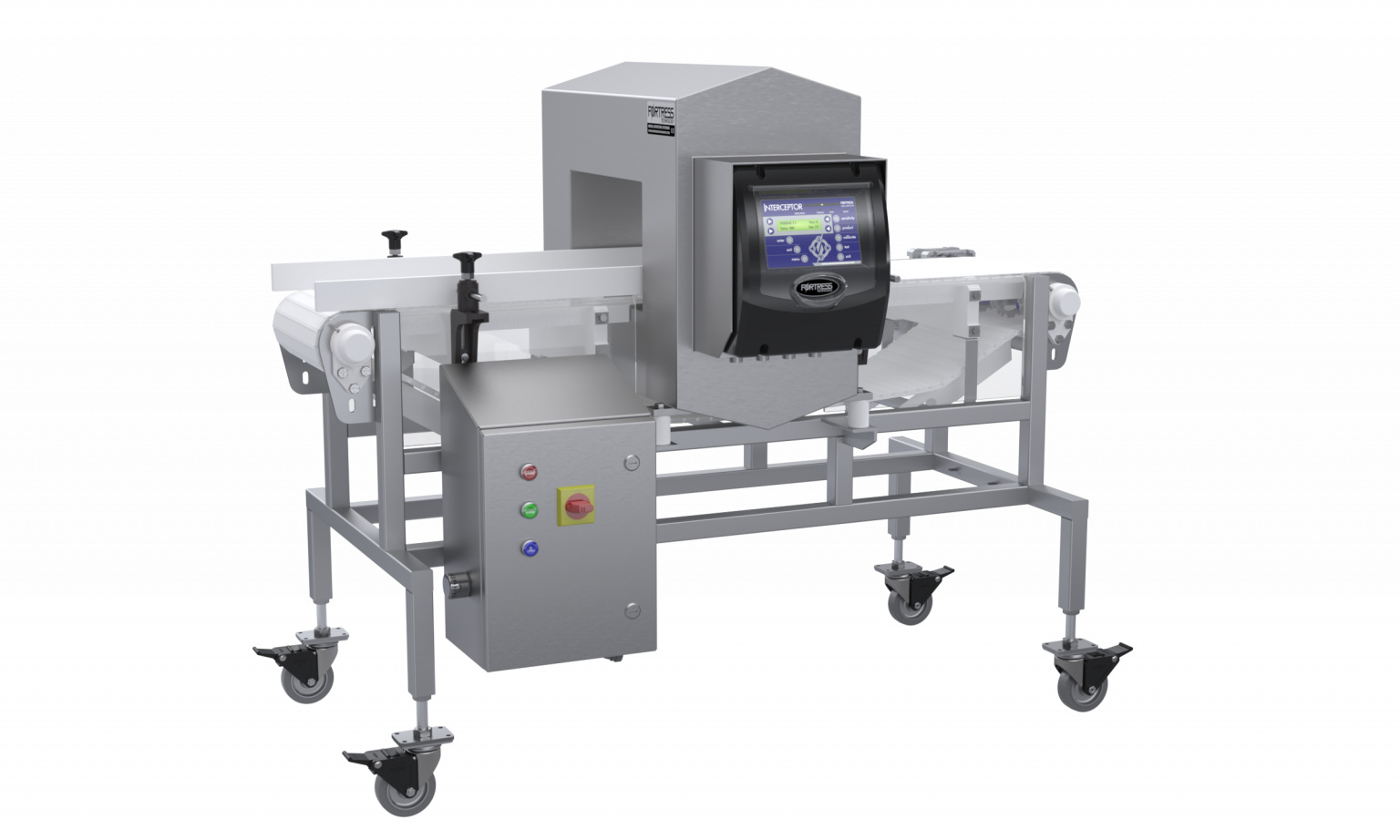 Interceptor Metal Detector with conveyor belt and control panel on wheels