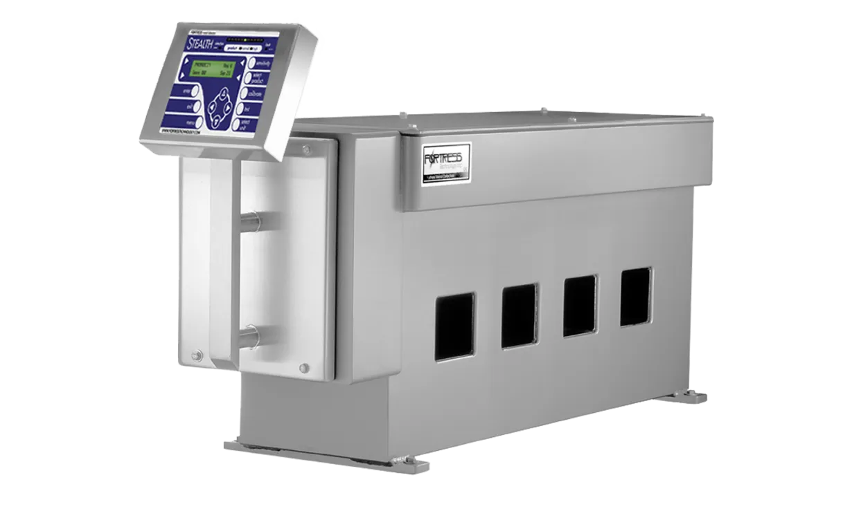 angle view of Stealth Multi Aperture Metal Detector with control panel and multiple inserts