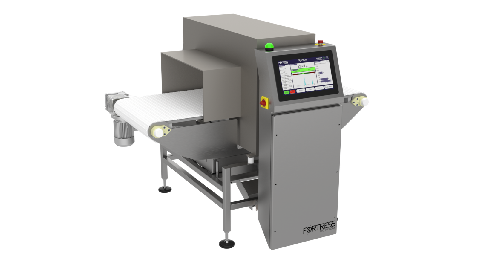 Raptor BBK Combination System with Camera display, white conveyor belt and green and red indicator lights